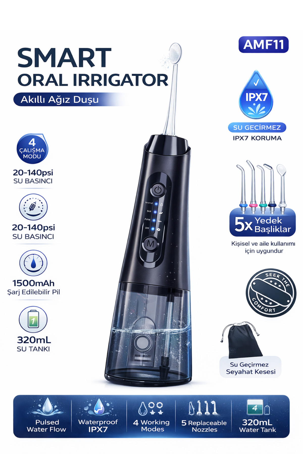 MO DOU Ağız Duşu Şarjlı 320ML Su Tankı – 5 Başlıklı IPX7 Su Geçirmez Diş Duşu – Yüksek Basınçlı Irrigator - Fiyatı, Yorumları
