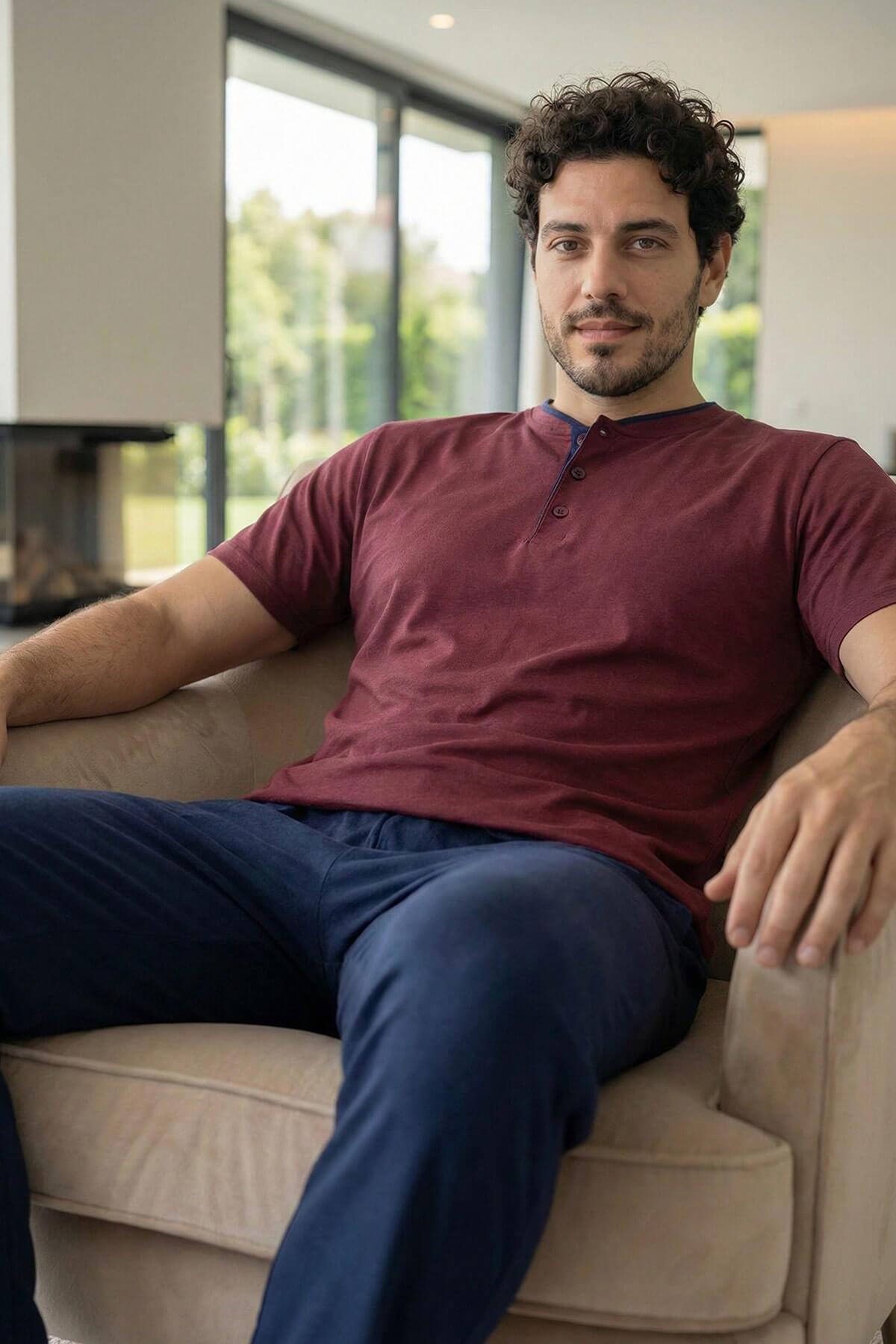 Pijamaevi Burgundy Wine Kısa Kollu Pat Detaylı Elegant Erkek Pijama Takımı görsel 2