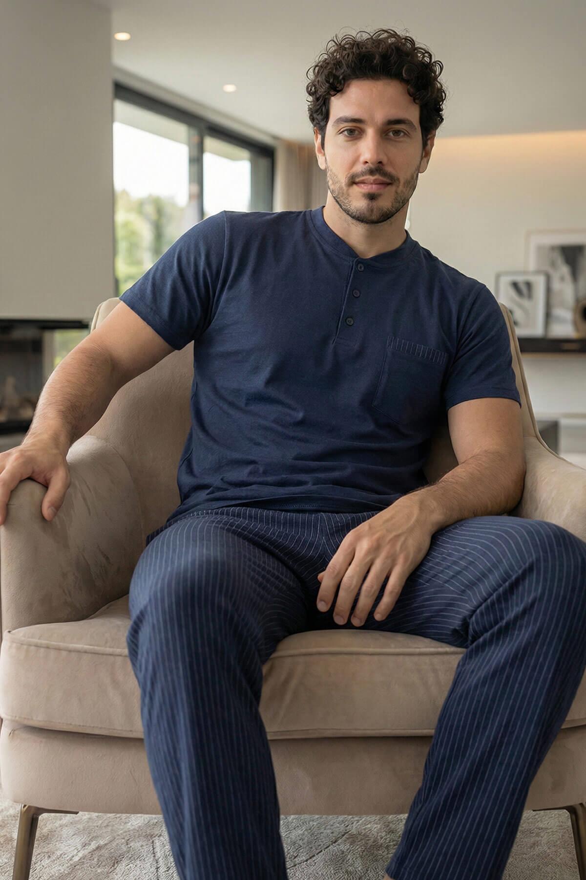 Pijamaevi  Deep Navy Kısa Kollu Cep Detaylı Elegant Erkek Pijama Takımı - Görsel 4