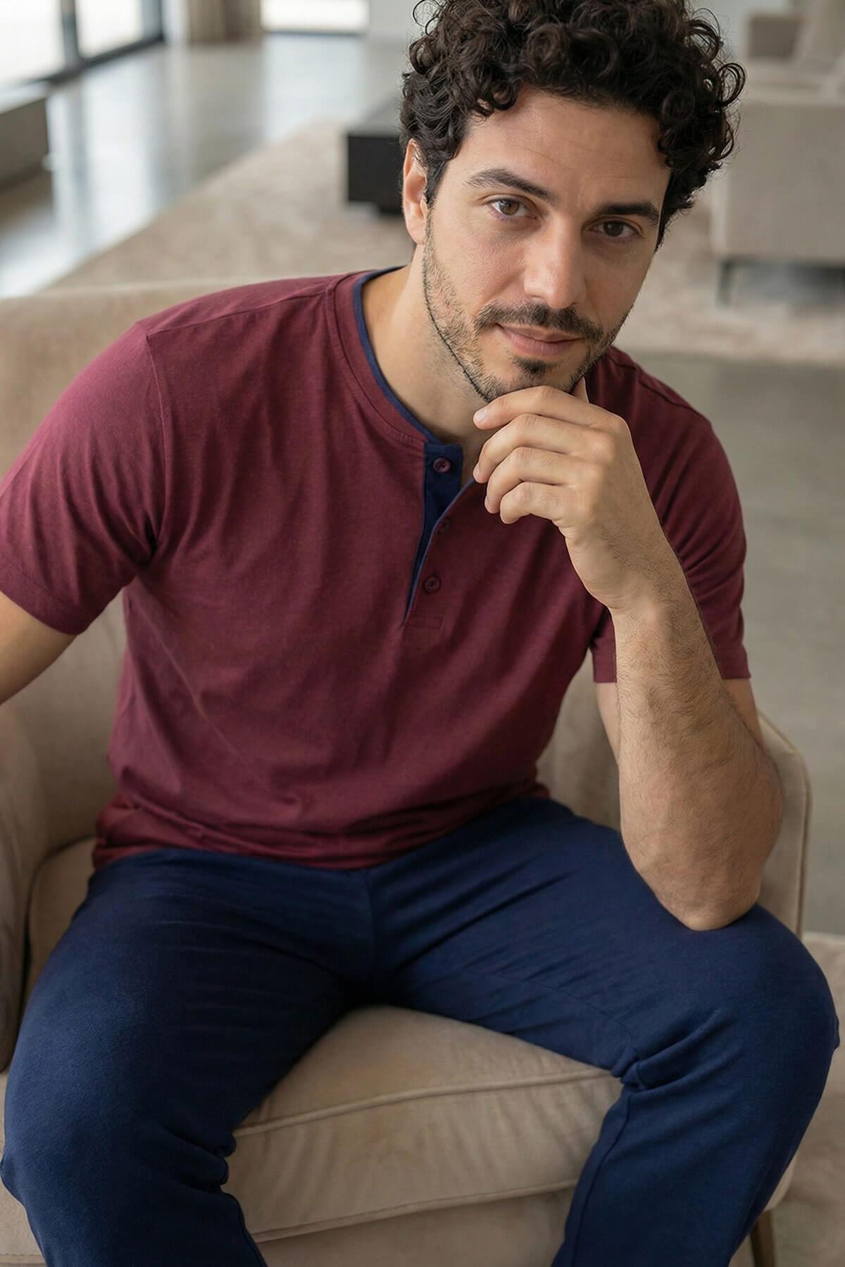 Pijamaevi Burgundy Wine Kısa Kollu Pat Detaylı Elegant Erkek Pijama Takımı