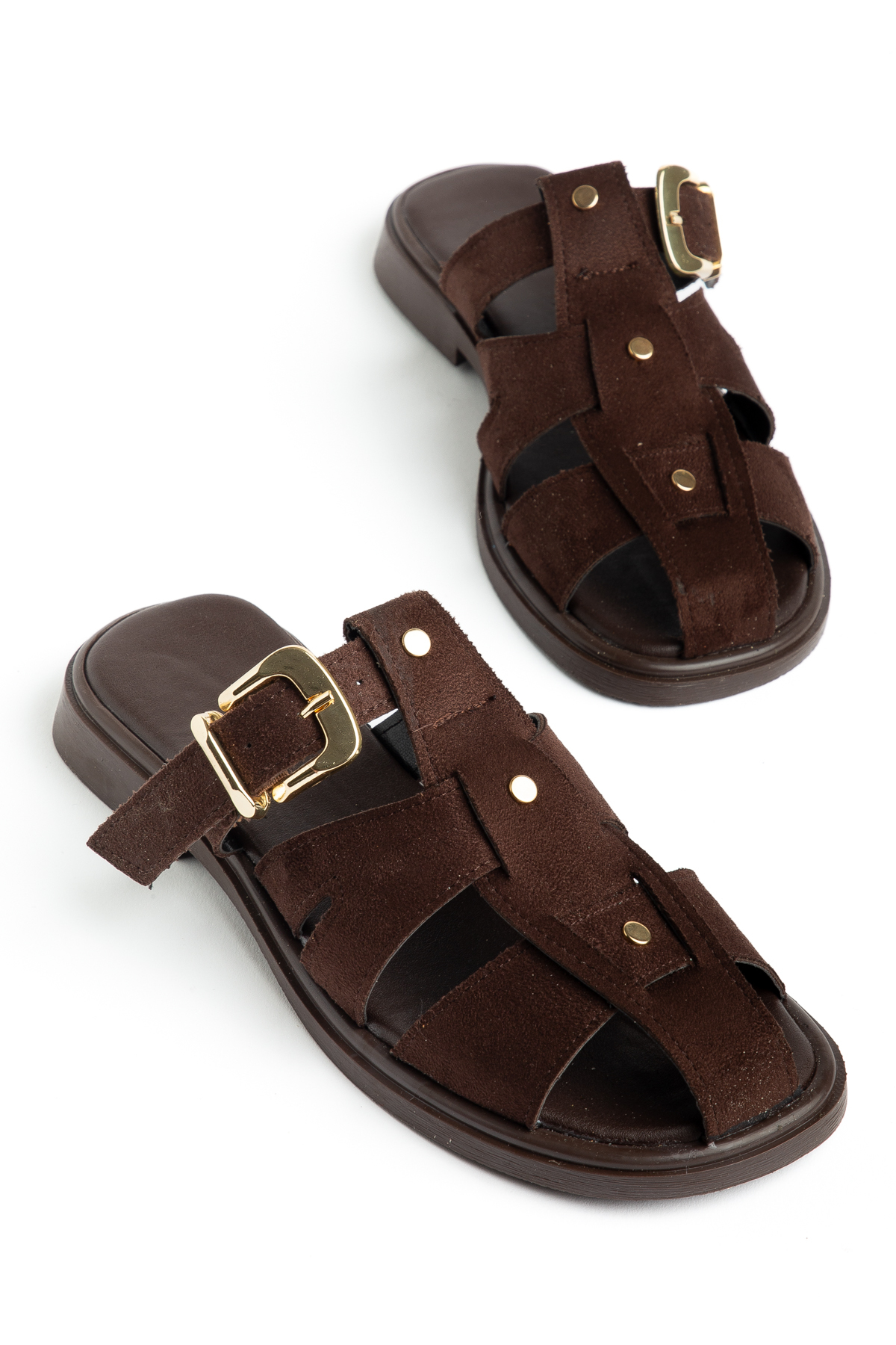 Nora Women's Bitter Coffee Suede Gold Buckle Detailed Casual Casual Slippers