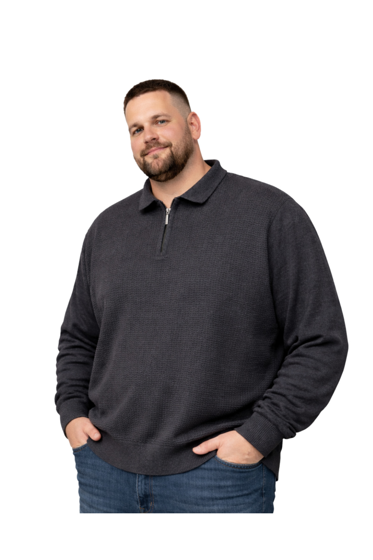 BattalModa Erkek Büyük Beden Antrasit Polo Yaka Fermuarlı Dokulu Triko Kazak 3XL-4XL-5XL-6XL görsel 3