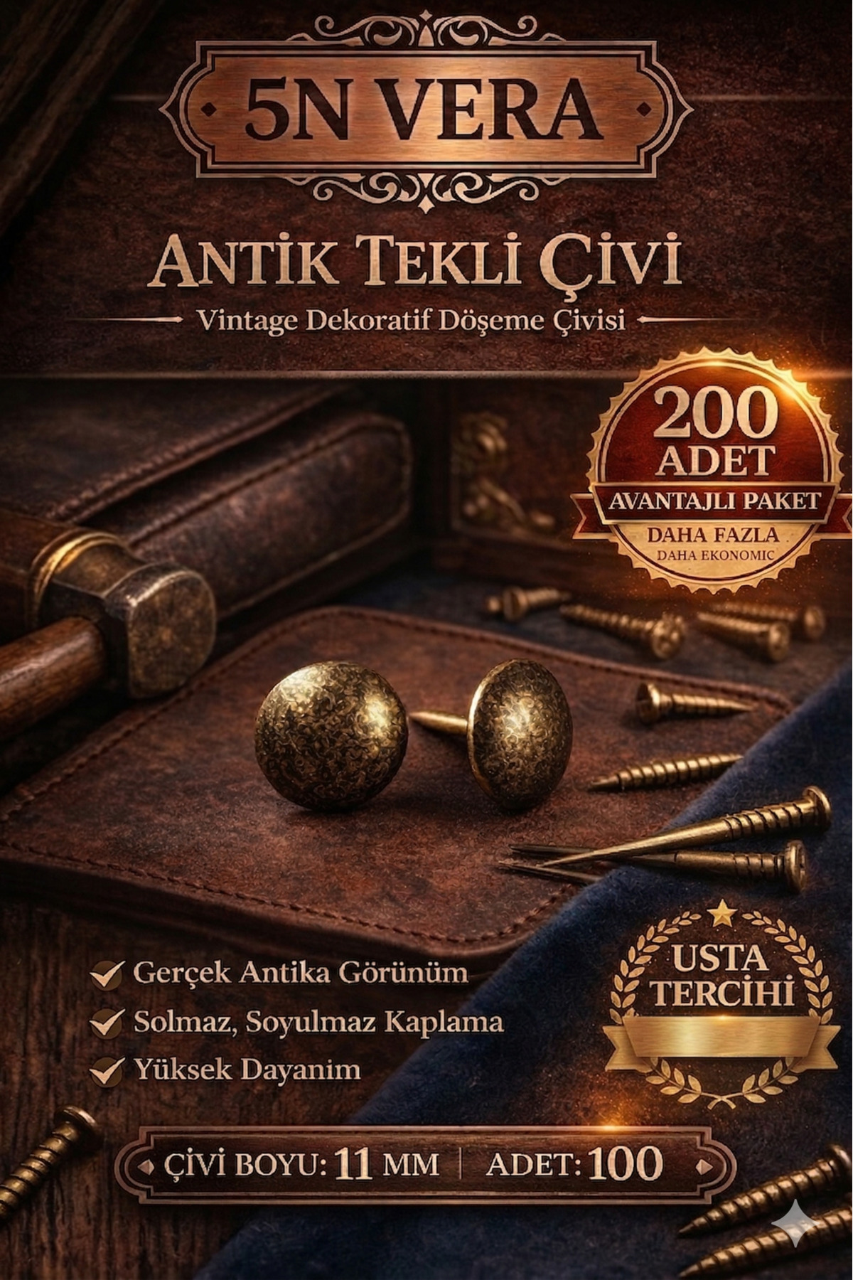 5N VERA Vintage Antik Kabara Raptiye – Hobi, Kendin Yap ve Ahşap Dekor Çivisi (200 Adet)