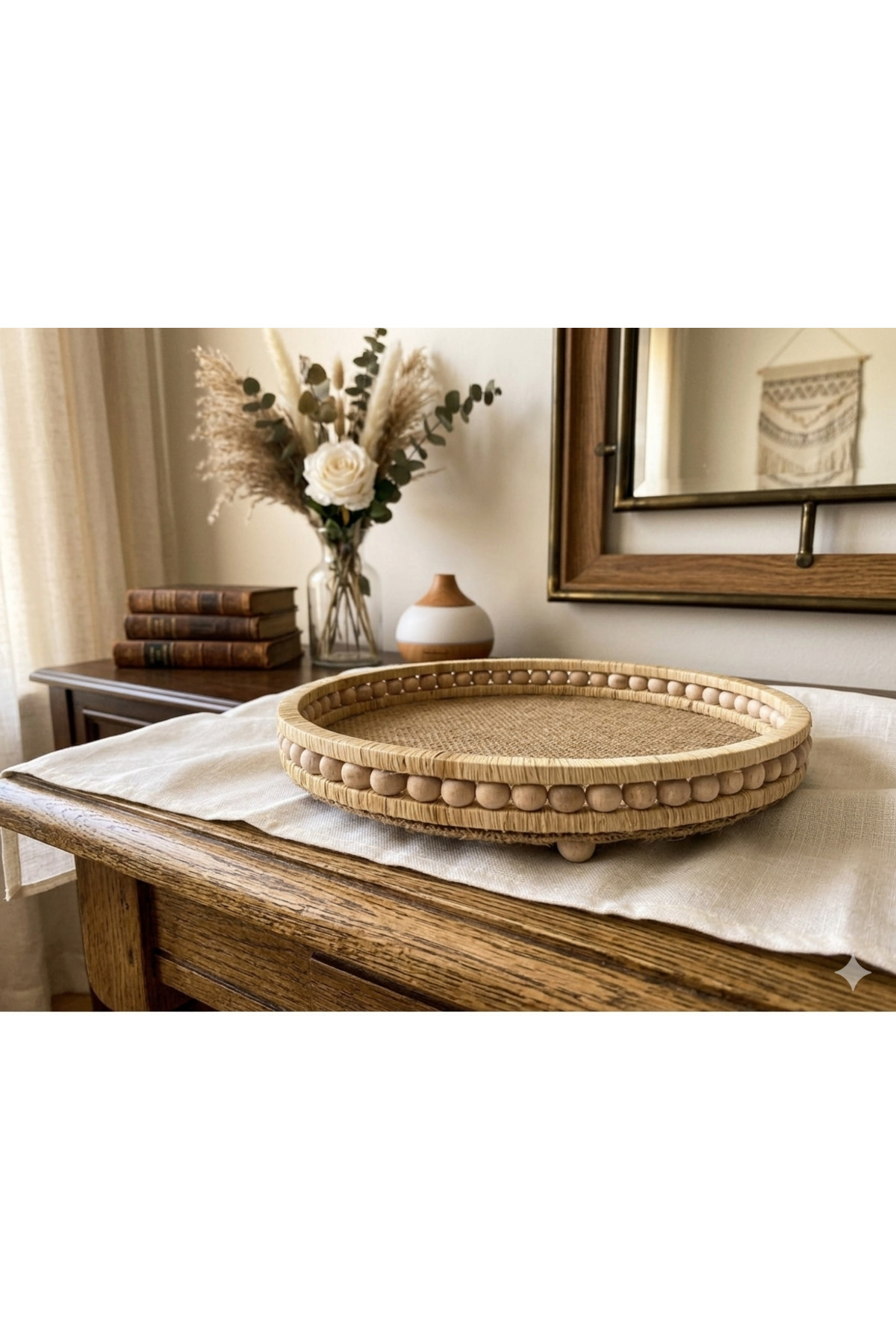 Ahşap Evi Decorative Tea Coffee Wooden Tray Presentation Tray Diameter 24 cm