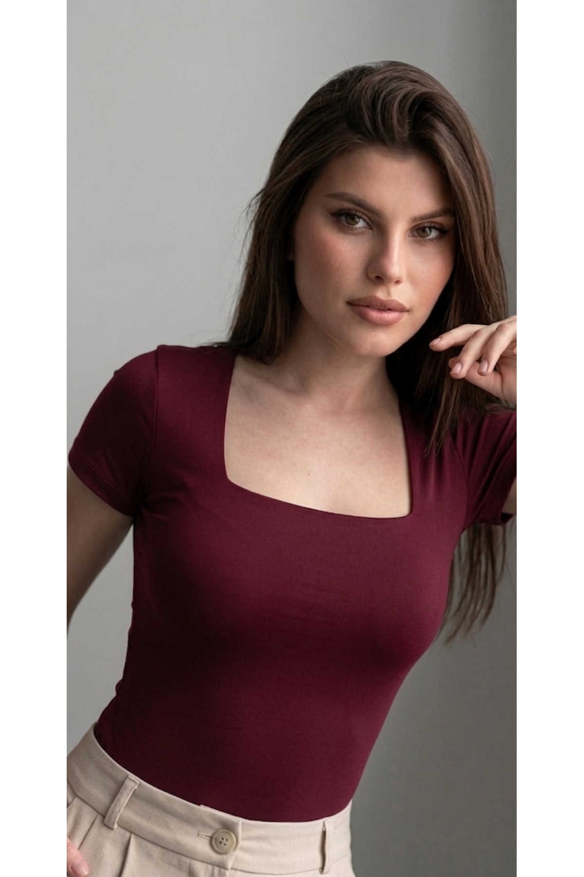 MODiSCHO Kadın Bordo Kare Yaka Slim Fit Pamuklu Ultra Soft Likralı Kumaş Basic Bluz