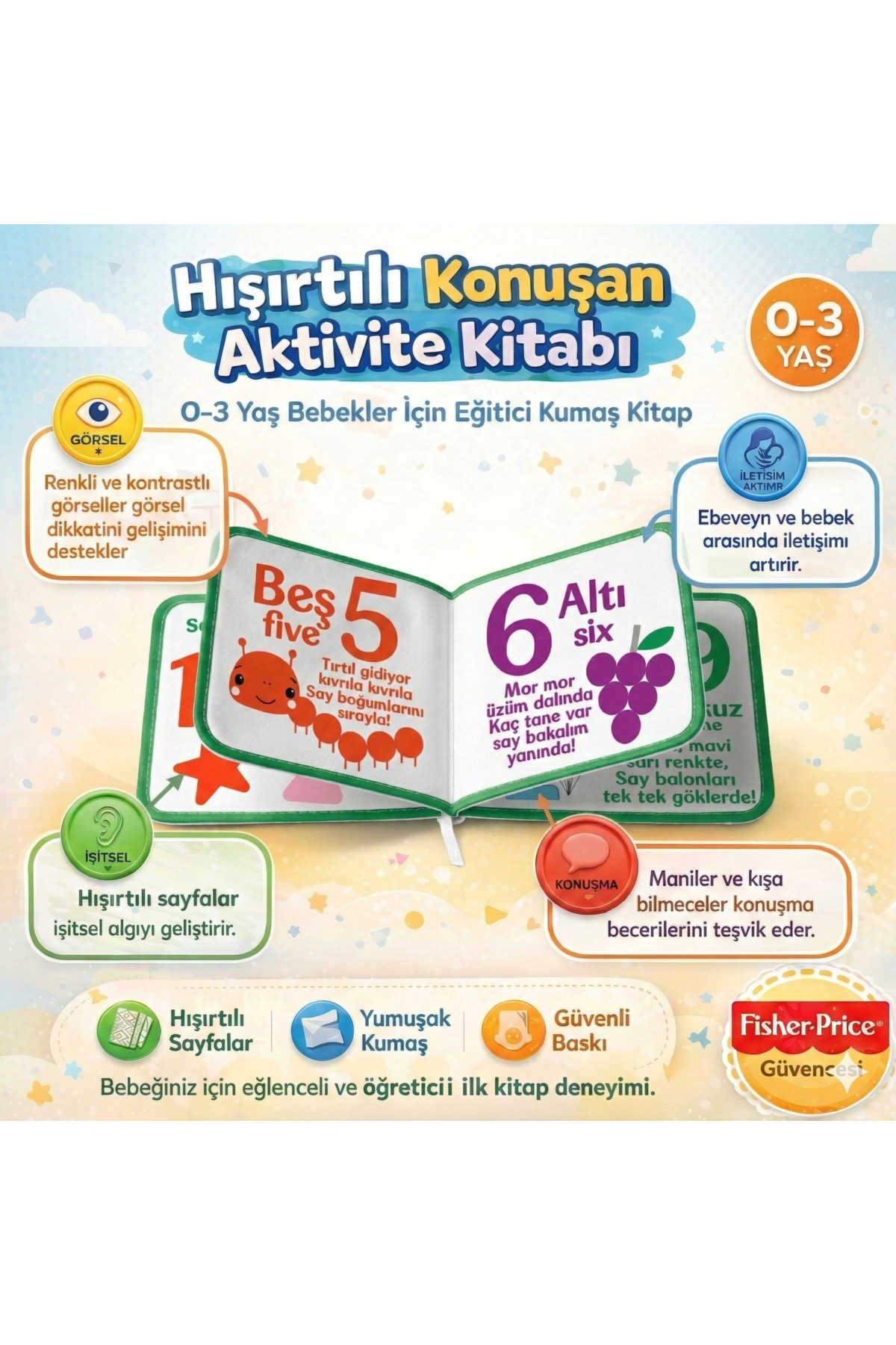 Fisher Price Konuşturan Bebek Kitabı Hışırtılı Sesli, Duyusal, Zeka Gelişim 0-3 Yaş Kitap Eğitim Seti (Sayılar) fotoğrafı 2 (önizleme)