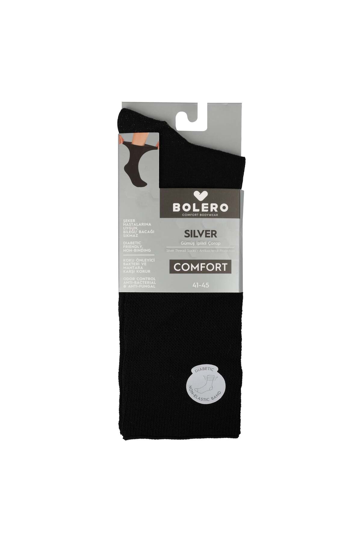 Bolero Unisex Premium Gümüş Diabet Çorap Siyah görsel 4