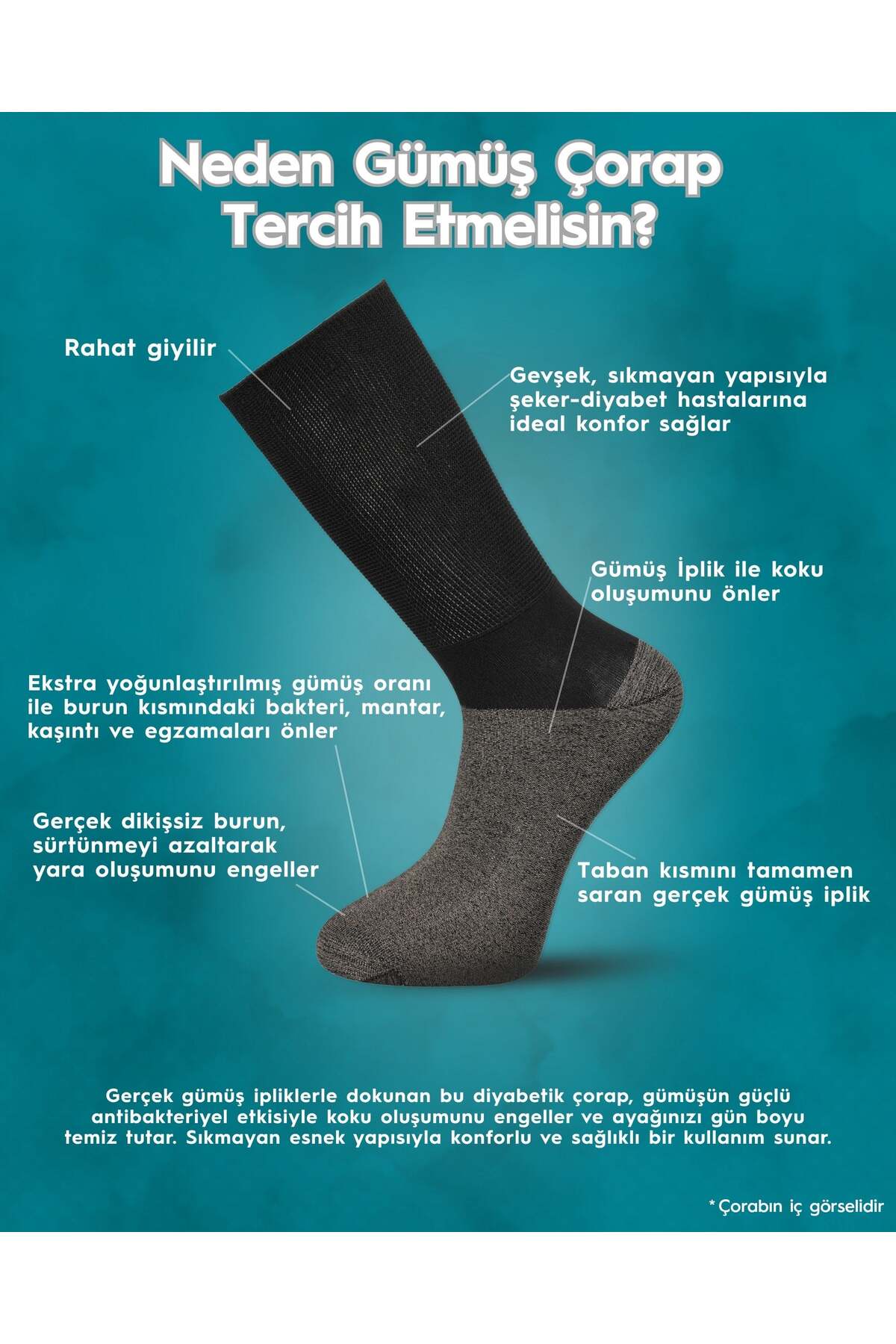 Bolero Unisex Premium Gümüş Diabet Çorap Siyah görsel 3