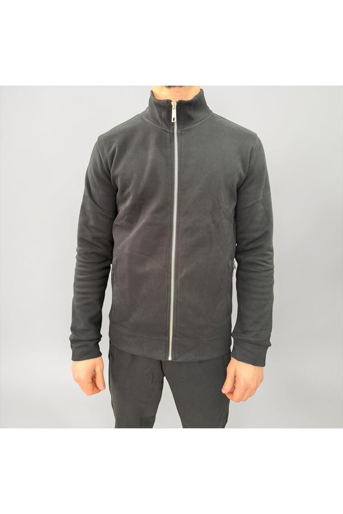 Erkek Eşofman Takımı Slim Fit Dokulu Kumaş Fermuarlı Üst Lastikli Paça Modern Spor Takım — مشکی TR-198872618 — تصویر 7 از 7