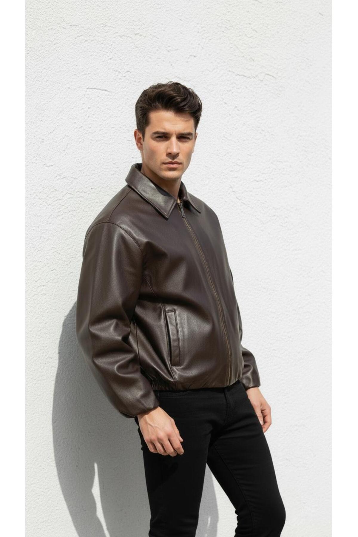 Plus Scorpion  Erkek Deri Görünümlü Bomber Mont Ceket– Günlük Şık Minimal Tasarım - Görsel 2