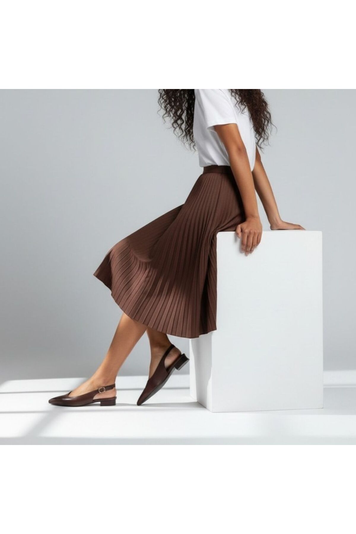 NE&VE SHOES Kahve Deri Sivri Burun Tokalı Kadın Babet görsel 4