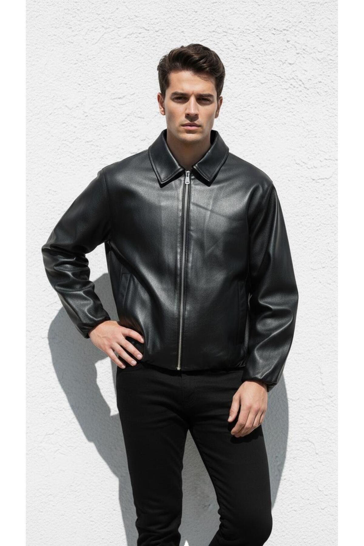 Plus Scorpion  Erkek Deri Görünümlü Bomber Mont Ceket– Günlük Şık Minimal Tasarım - Görsel 2