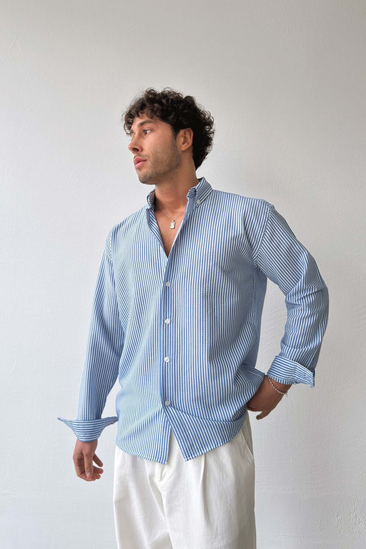 Flaw Wear Solar Stripes Lacivert Gofre Çizgili Gömlek