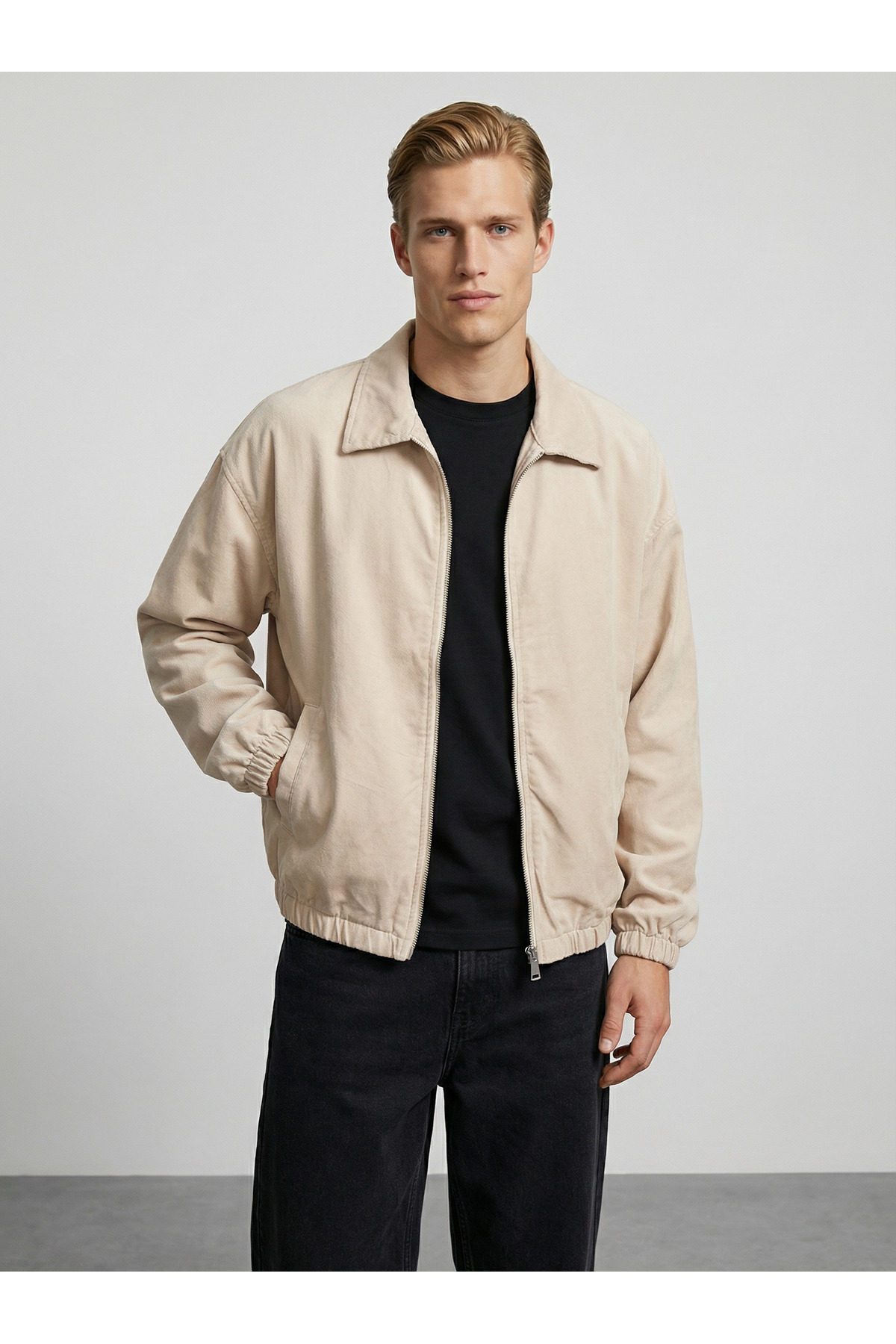 maroni  Erkek krem pamuklu gabardin kumaş klasik yaka bel ve kol lastikli fermuarlı ceket - Görsel 3