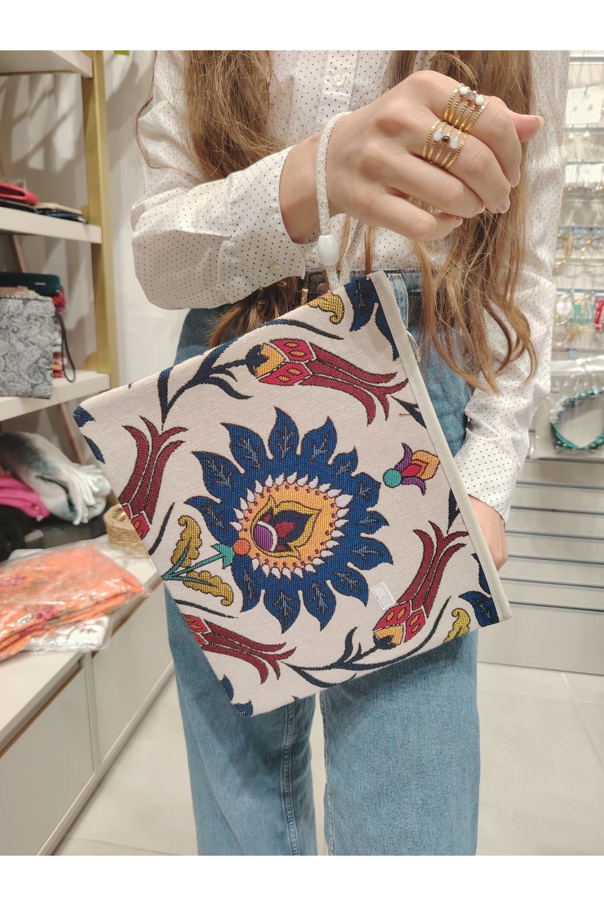 Bursa İpek BURSA ETNİK DESENLİ FERMUARLI BÜYÜK BOY CLUTCH EL ÇANTASI