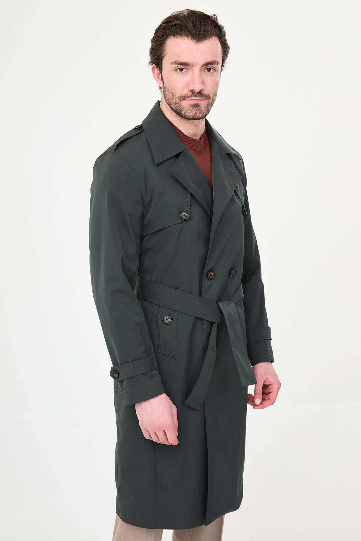 Mcr Düz Slim Fit Kuşaklı Kruvaze Uzun Erkek Trenchcoat Haki - 21340.26Y görsel 6