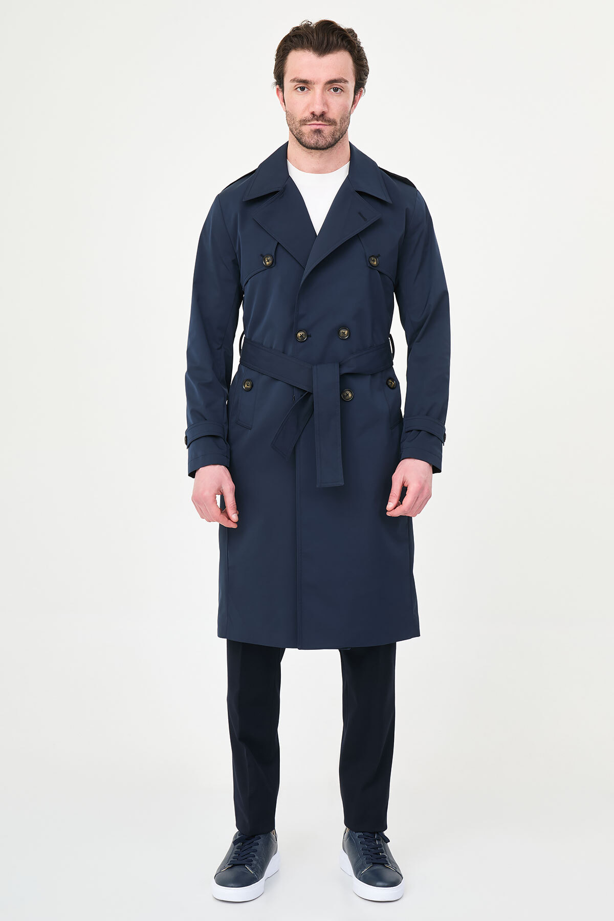 Mcr Düz Slim Fit Kuşaklı Kruvaze Uzun Erkek Trenchcoat Lacivert - 21340.26Y görsel 3