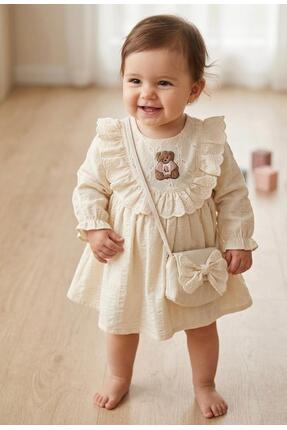 mayakids AYICIK NAKIŞLI FİSTO DANTELLİ ÇANTALI KIZ BEBEK ELBİSE