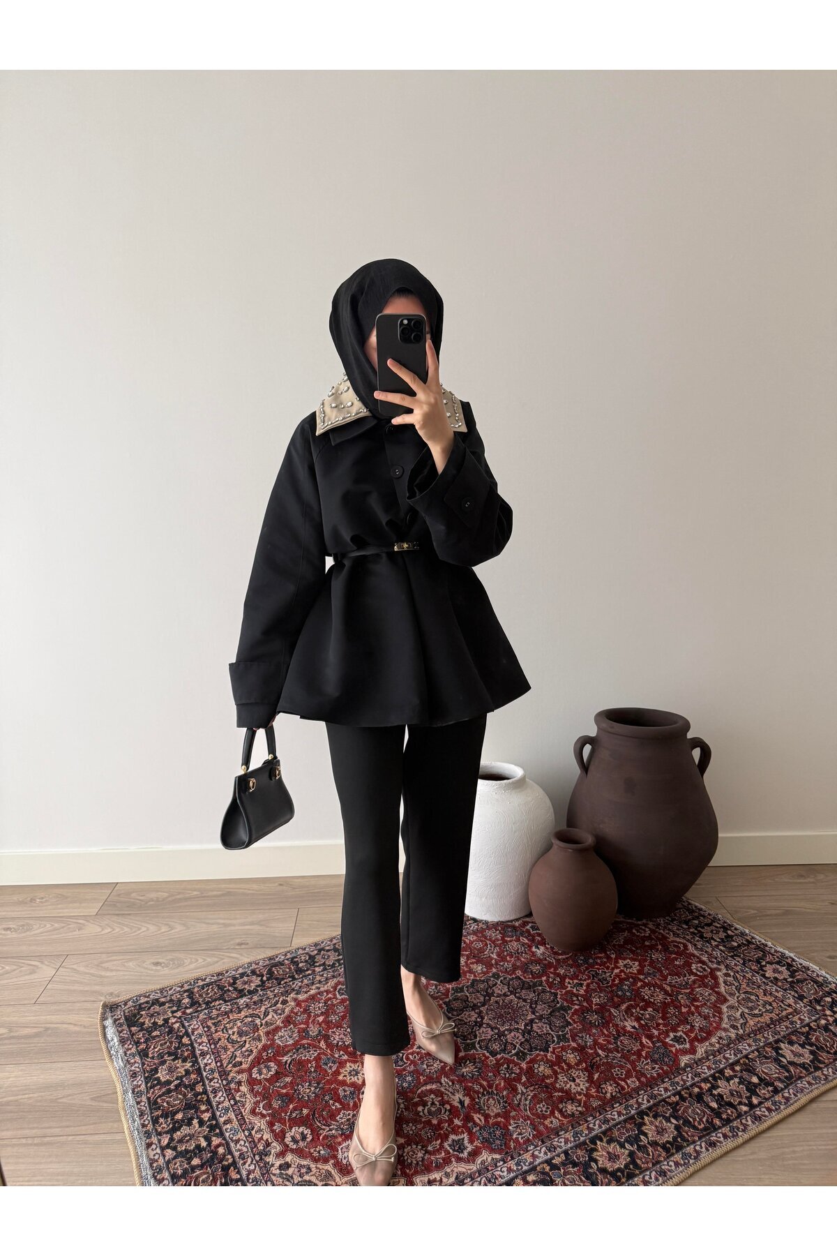 EssCouture Yakası Taş İşleme Detaylı Kadın Trençkot görsel 2