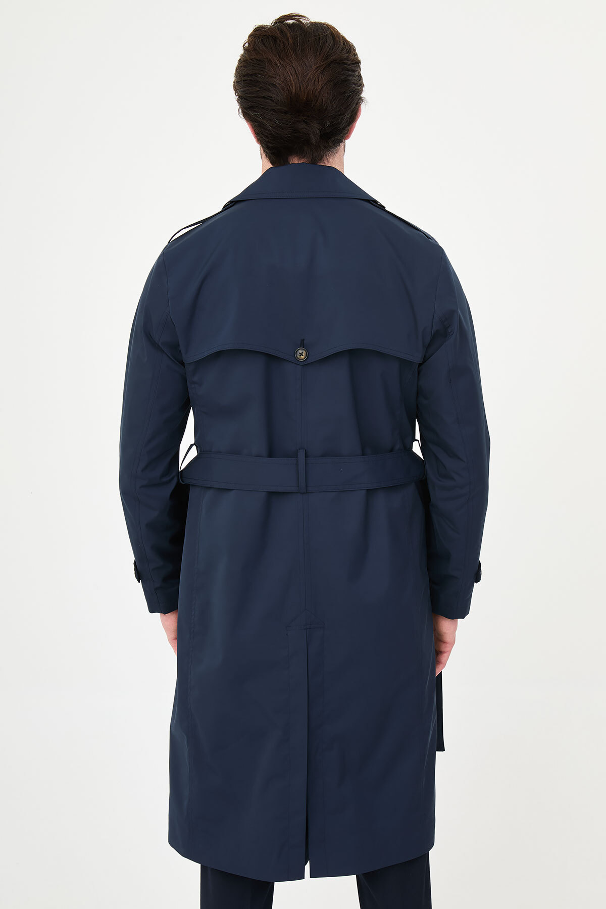 Mcr Düz Slim Fit Kuşaklı Kruvaze Uzun Erkek Trenchcoat Lacivert - 21340.26Y görsel 5