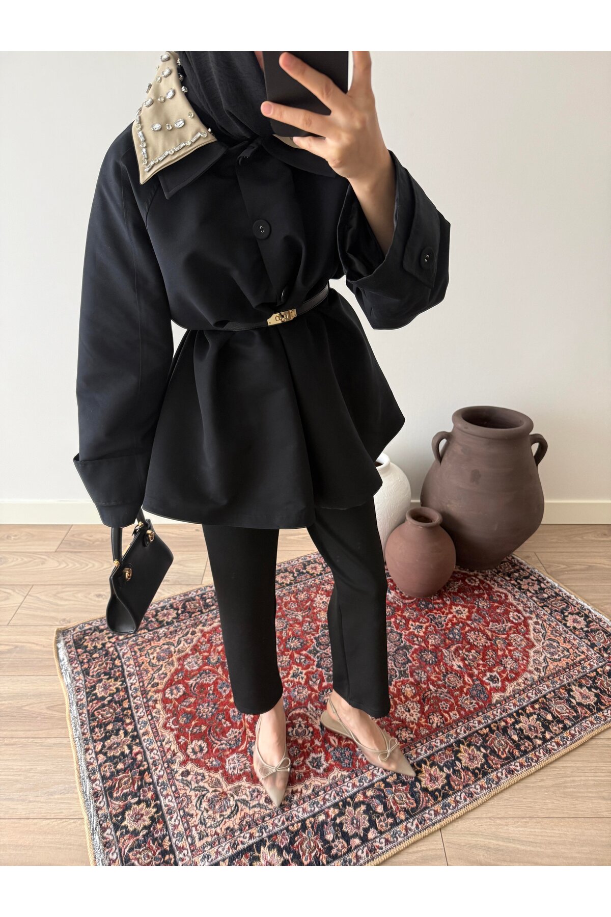 EssCouture Yakası Taş İşleme Detaylı Kadın Trençkot görsel 3