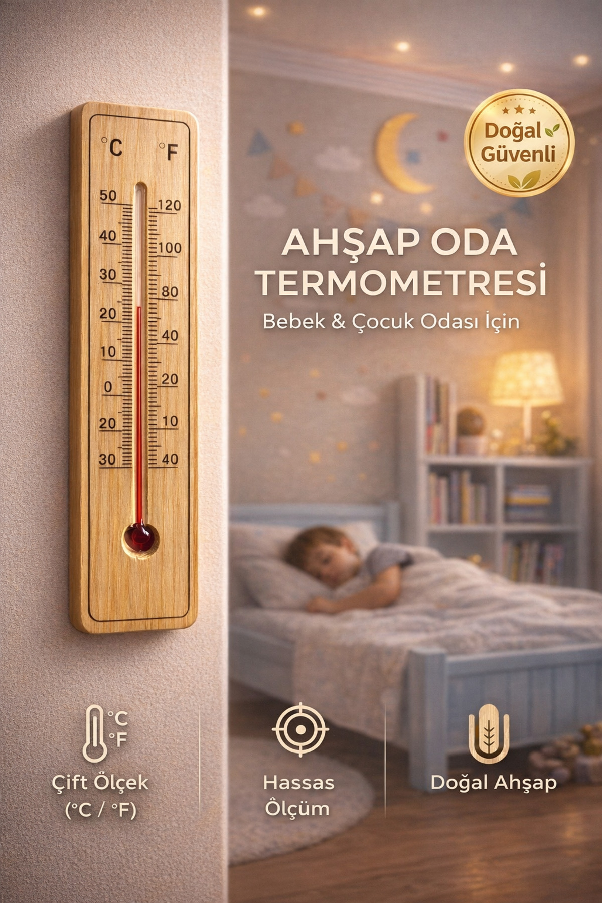 MorBebe Ahşap Oda Termometresi | Bebek ve Çocuk Odası | Duvar Tipi Hassas Isı Ölçer | °C / °F Çift Ölçekli fotoğrafı 2 (önizleme)