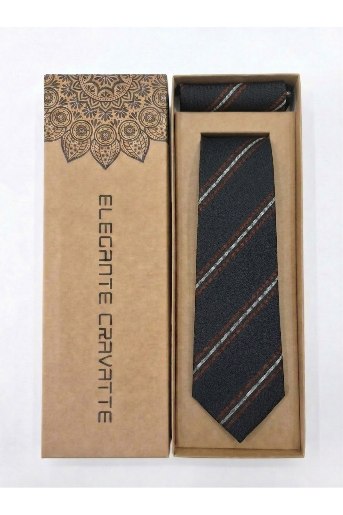 Elegante Cravatte Siyah Renk Çizgili Pamuklu Erkek Kravat - 7 cm Modern Kesim Şeritli Tasarım