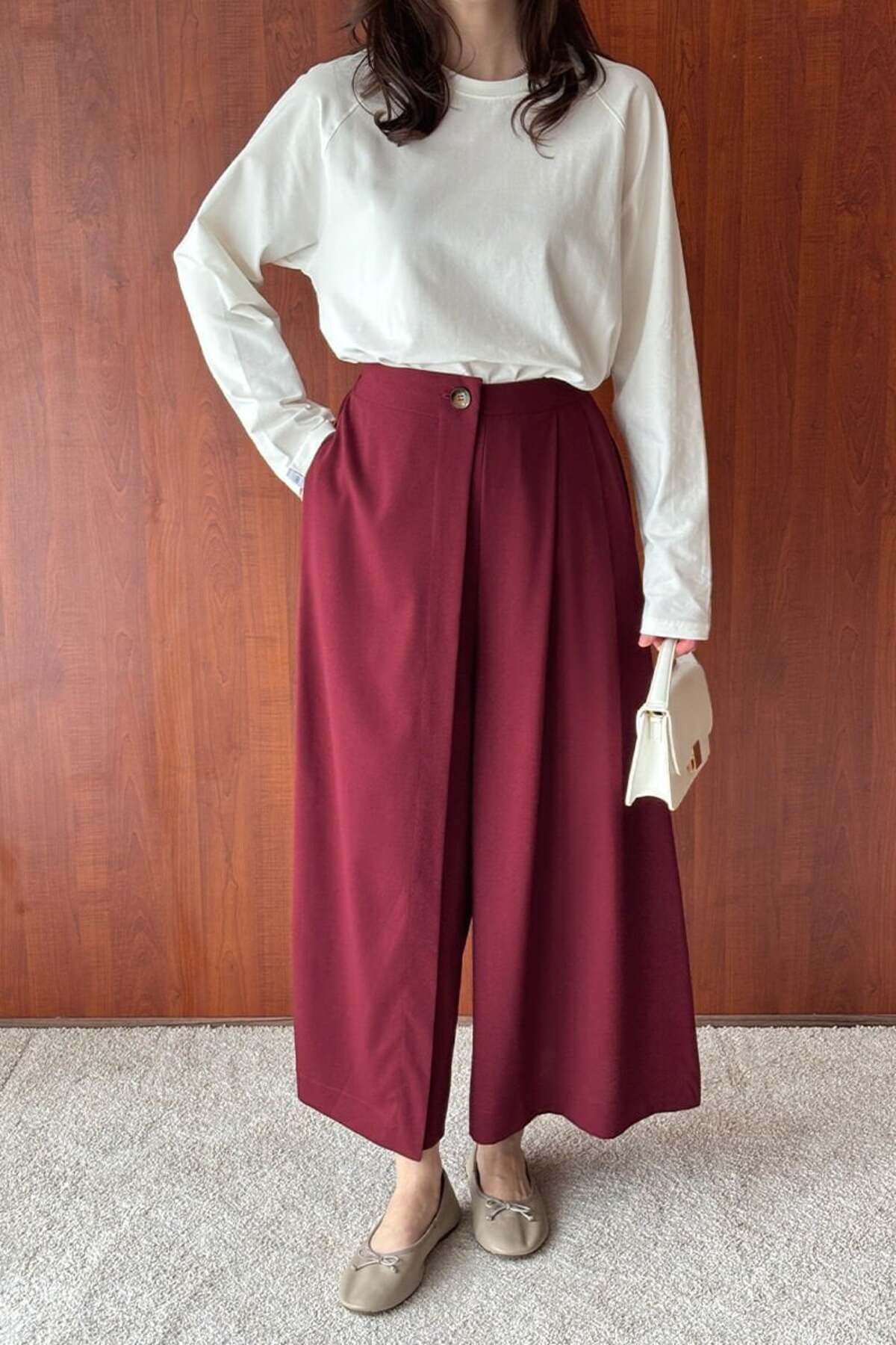 Claret Red Poly Viscose Skirt Trousers