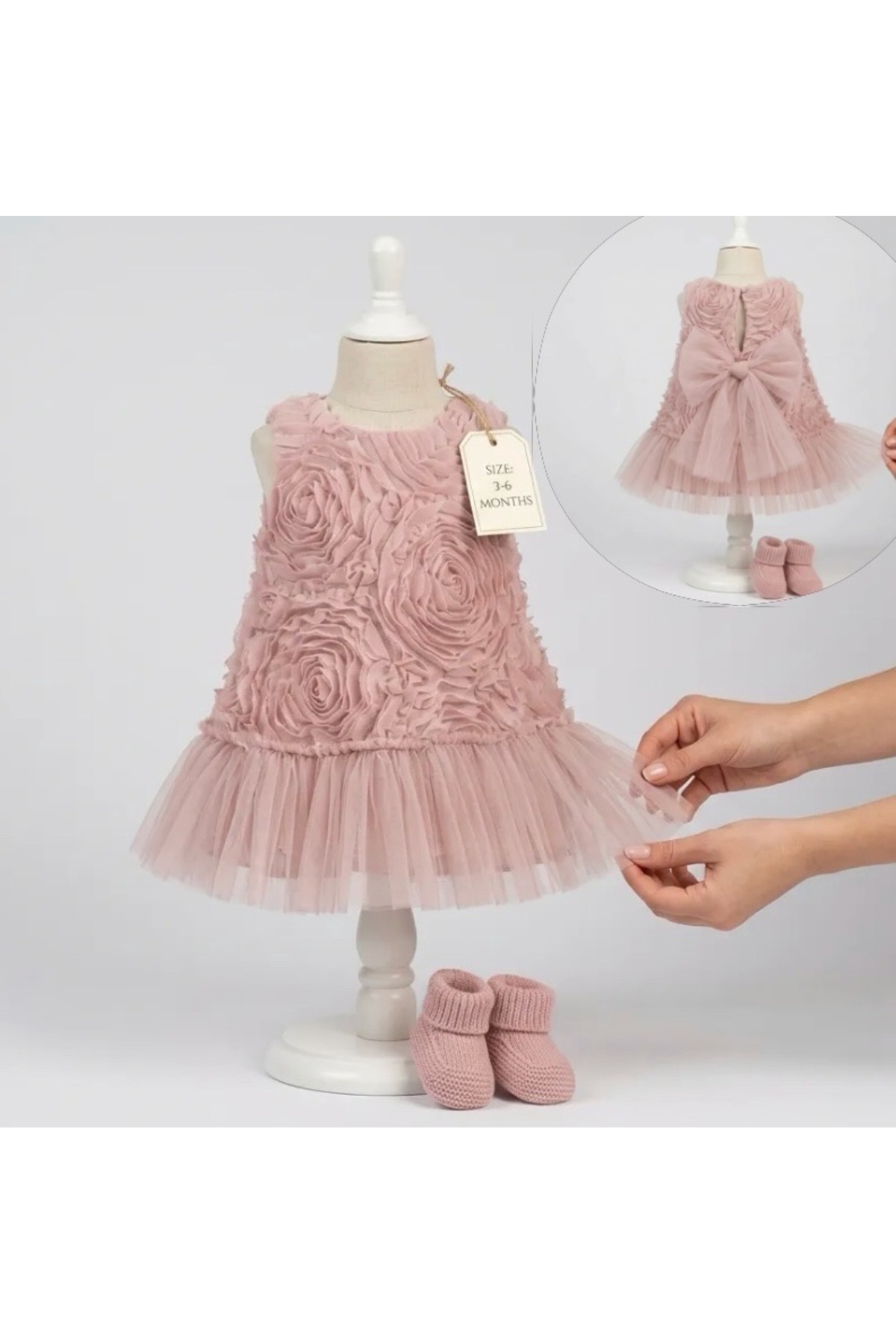 ULTİMA BABY Kız Bebek Elbise Abiye 3D Gül Detaylı Etek Ucu Tüllü(bir beden büyük alınız) fotoğrafı 2 (önizleme)