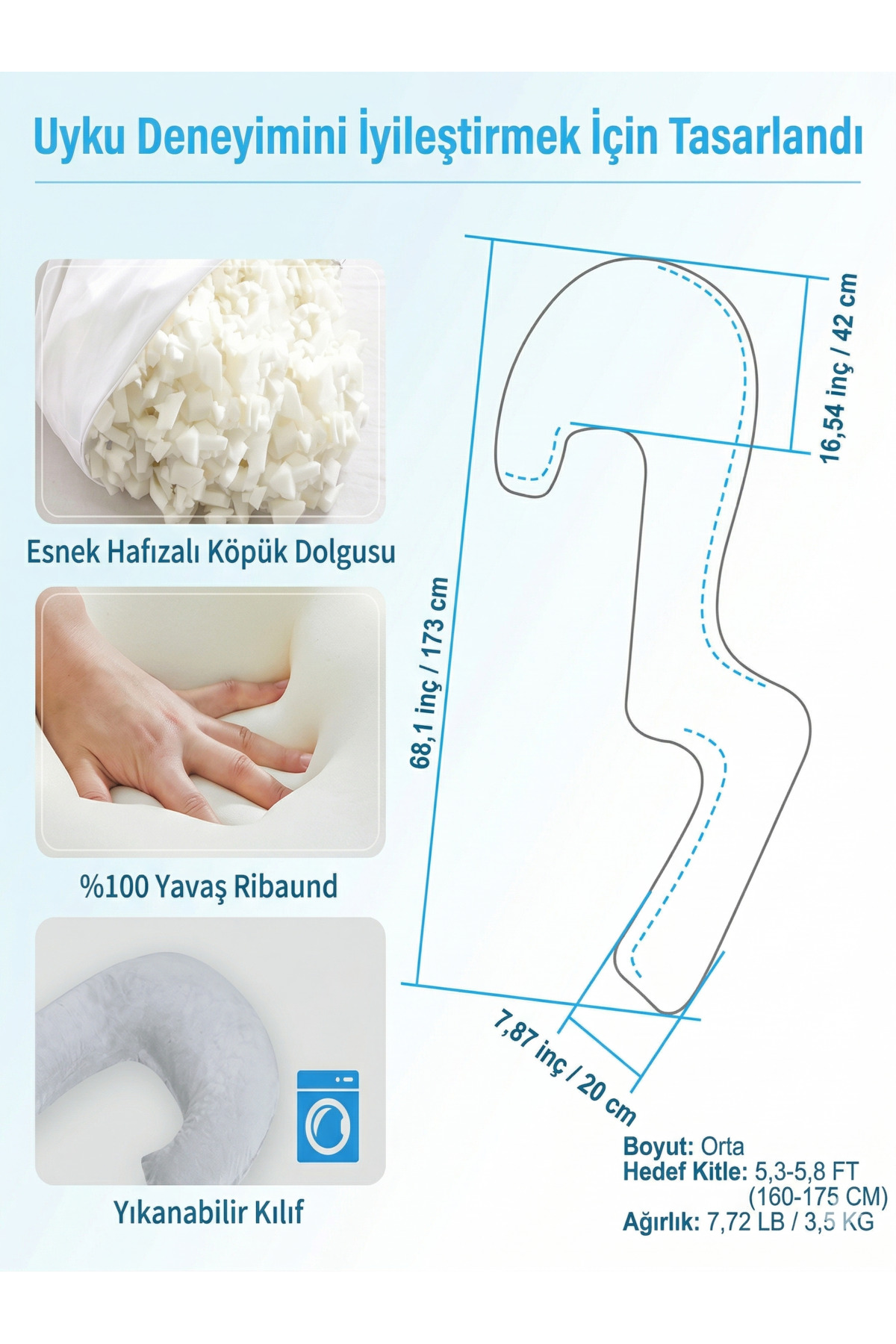 EKEPE Yan yatanlar için yastık, 170 cm hafızalı köpük, uzun hamilelik yastığı, gri fotoğrafı 2 (önizleme)