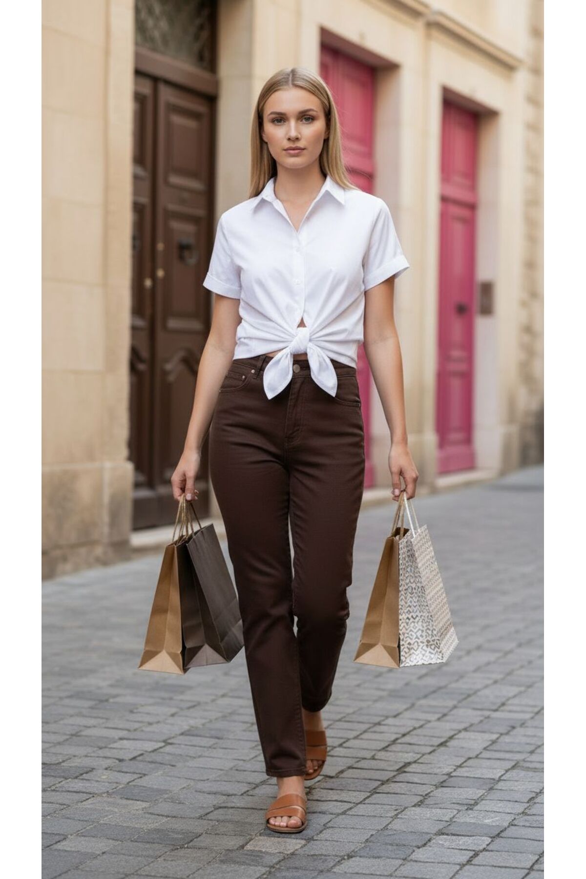 geenz manifacture Acı Kahve Akordion Yüksek Bel Likralı Mom Jeans Dar Paça Kot Pantolon görsel 2