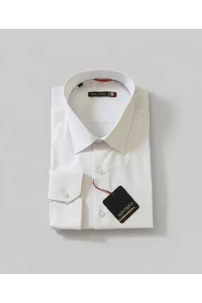 SDNYAZO Erkek Beyaz Klasik Gömlek Klasik Fit Pamuklu Likralı Klasik Yaka