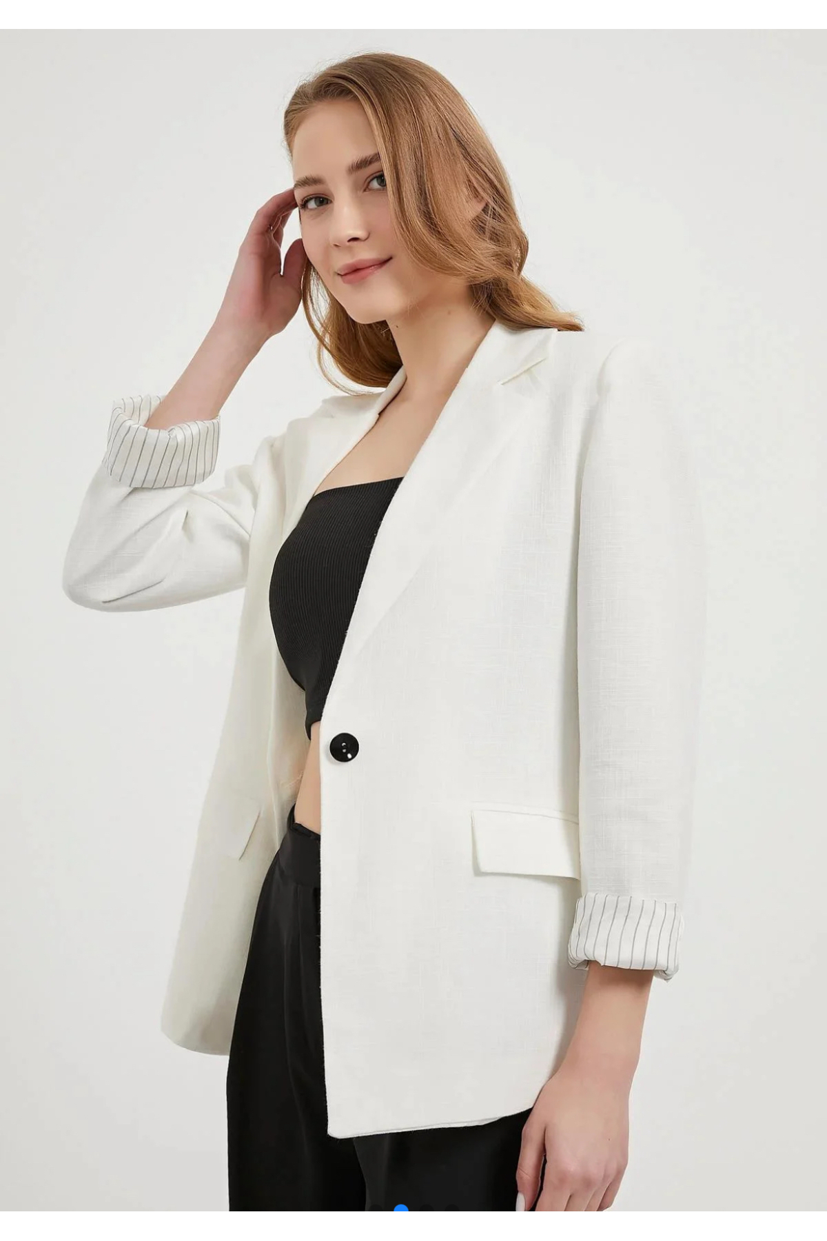 jöns since 1997  Kadın Kollar Katlamalı Tek Düğme Keten Blazer Ceket