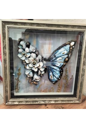 Müze sanat 3D Kağıt Rölyef Mavi Kelebek ve Çiçek Tablosu - İnci Detaylı El Ya...