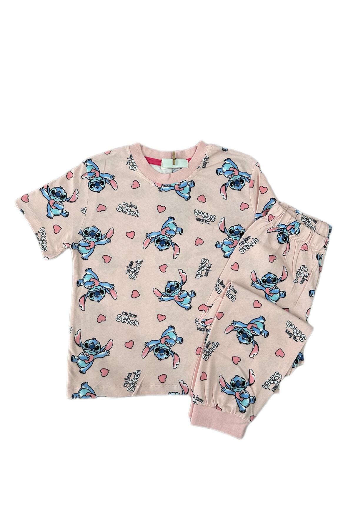 byalisdmr KIZ ÇOCUK PİJAMA TAKIMI STİÇ VE KALP DESEN %100 PAMUK SÜPREM KUMAŞ KISA KOLLU BİSİKLET YAKA fotoğrafı 3 (önizleme)