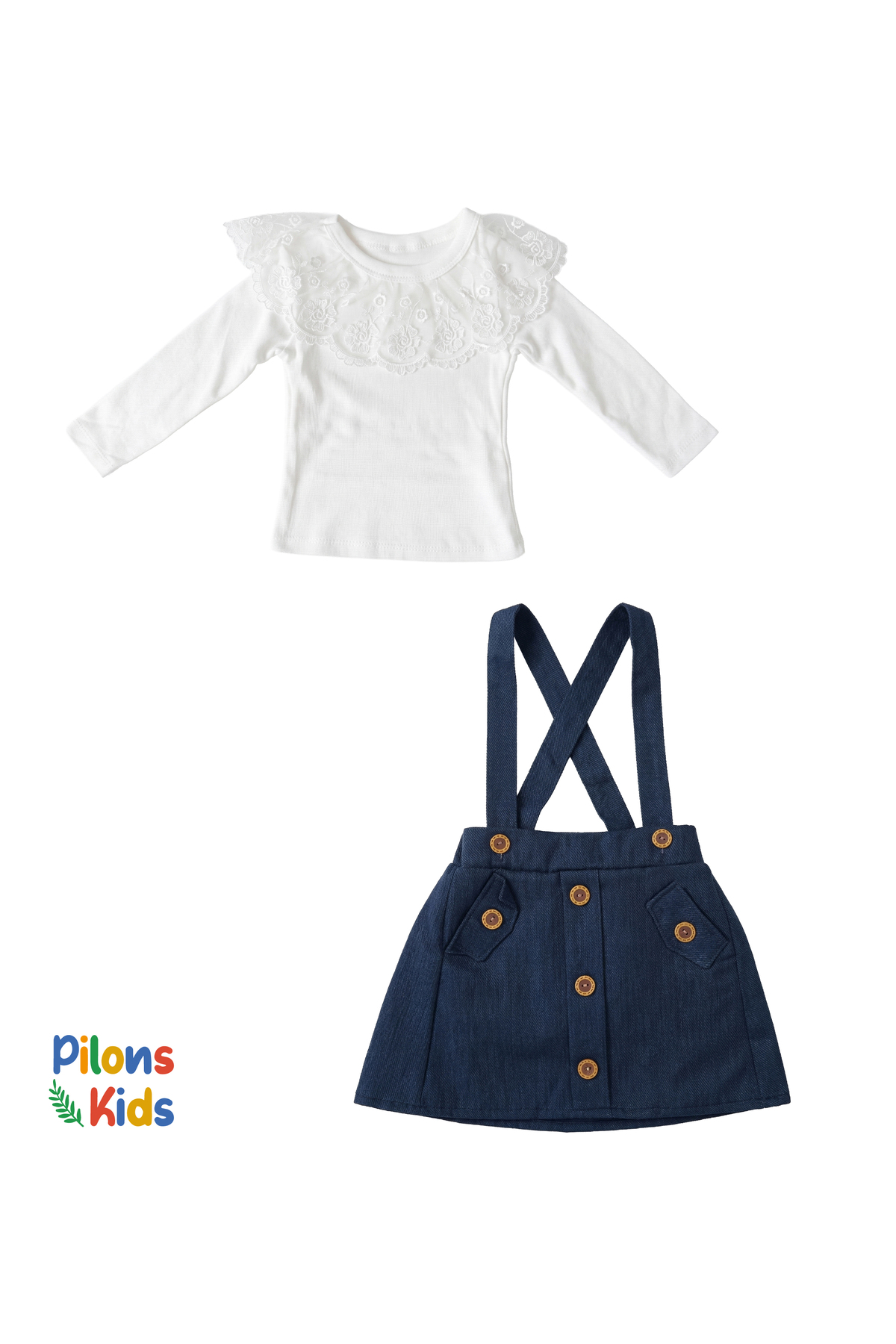 Pilons Kids Kız Çocuk %100 Pamuk Dantel Yakalı Penye ve Keten Jile Etek Takımı fotoğrafı 3 (önizleme)