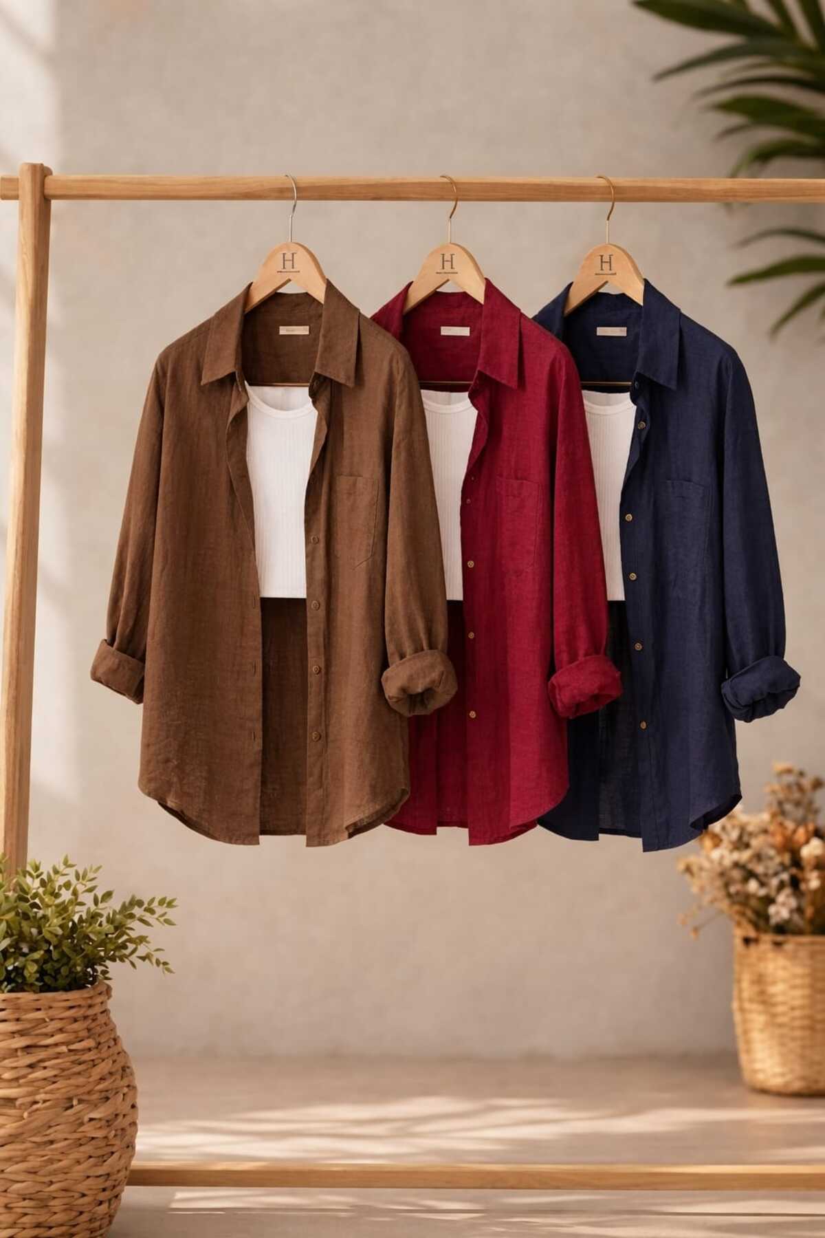 blackbonds 3 lü koyukahve bordo lacivert Oversize flamlı Keten Dokulu %100 Pamuk Tek Cepli Salaş Gömlek