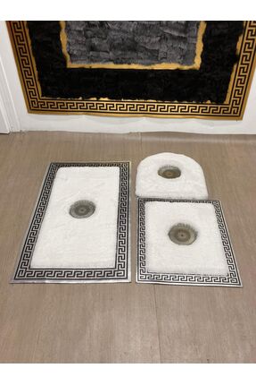 SANCAK DERİ HALI LÜKS GÜMÜŞ VARAKLI EKRU PELUŞ BANYO SETİ