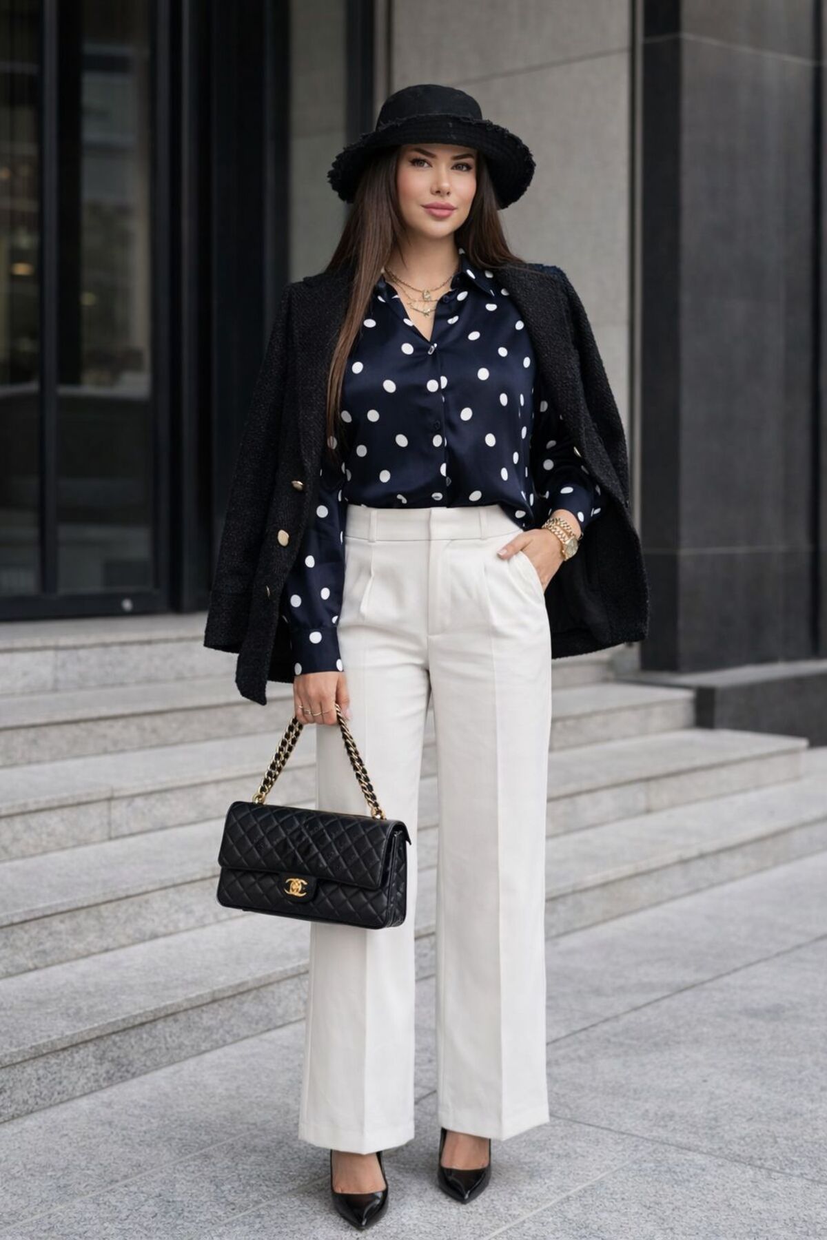 Polka Dot Pattern Viscose Satin Shirt - Black