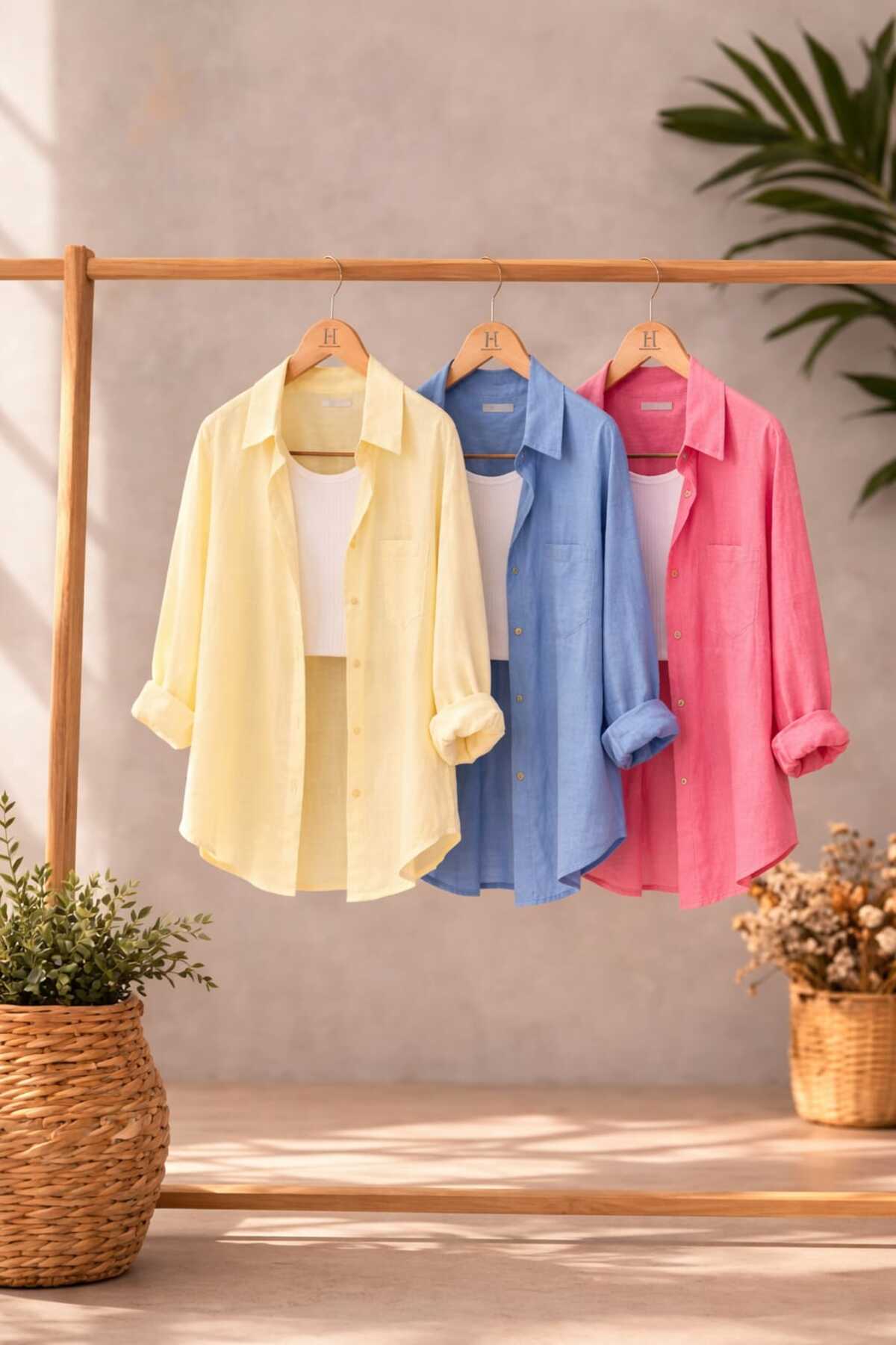 blackbonds  3 lü sarı ındıgo acıkpembe Oversize Keten Dokulu %100 Pamuk Tek Cepli Salaş Gömlek