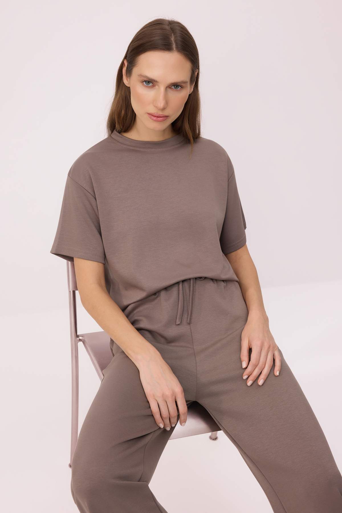 Trendyolmilla  Vizon Kısa Kol Bisiklet Yaka Relaxed/Rahat Kalıp Esnek Örme Alt - Üst Takım TWOAW26AU00084 - Görsel 2