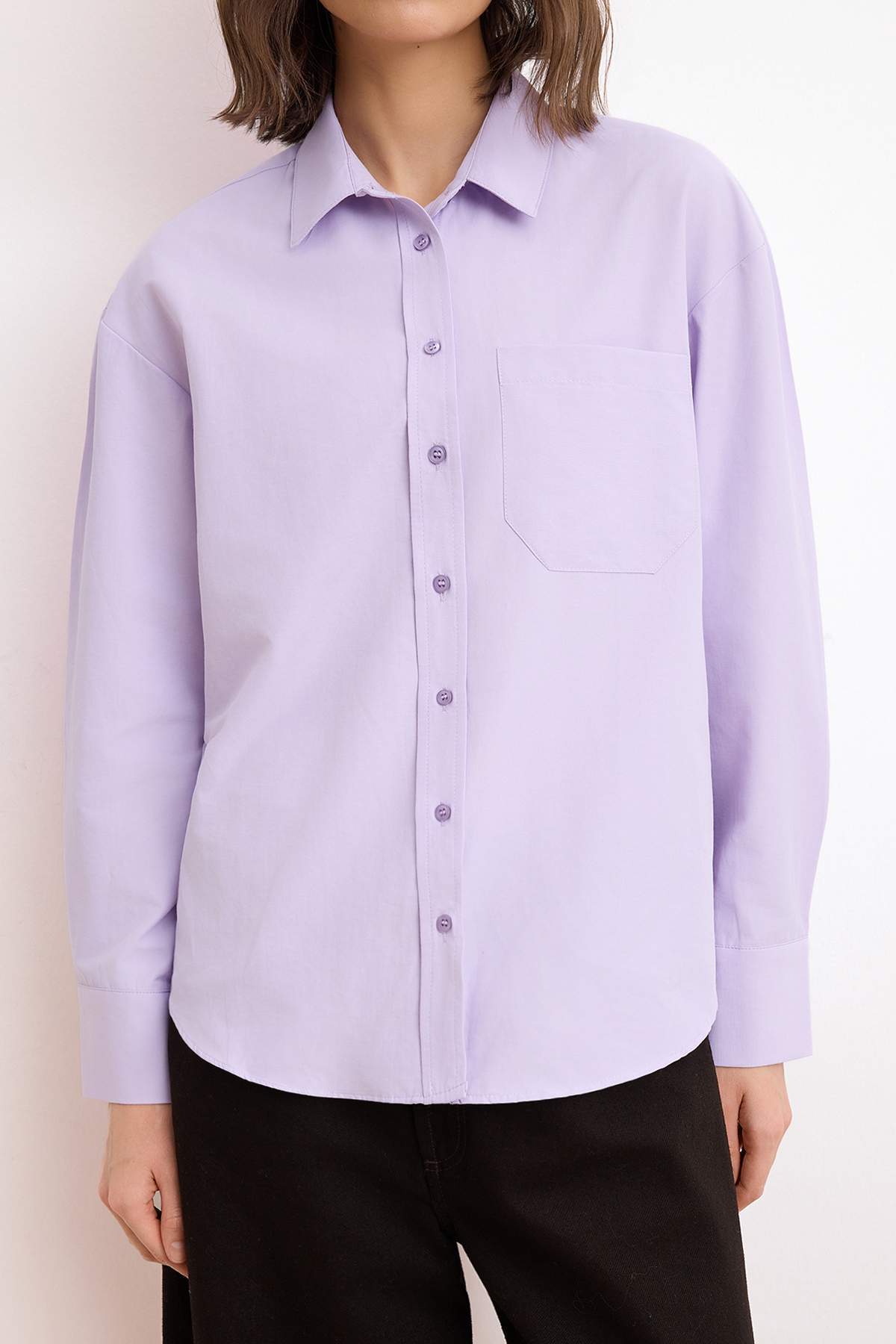 Trendyolmilla  Lila Tek Cepli Boyfriend Geniş Kalıp Pamuklu Dokuma Gömlek TWOAW20GO0115 - Görsel 3
