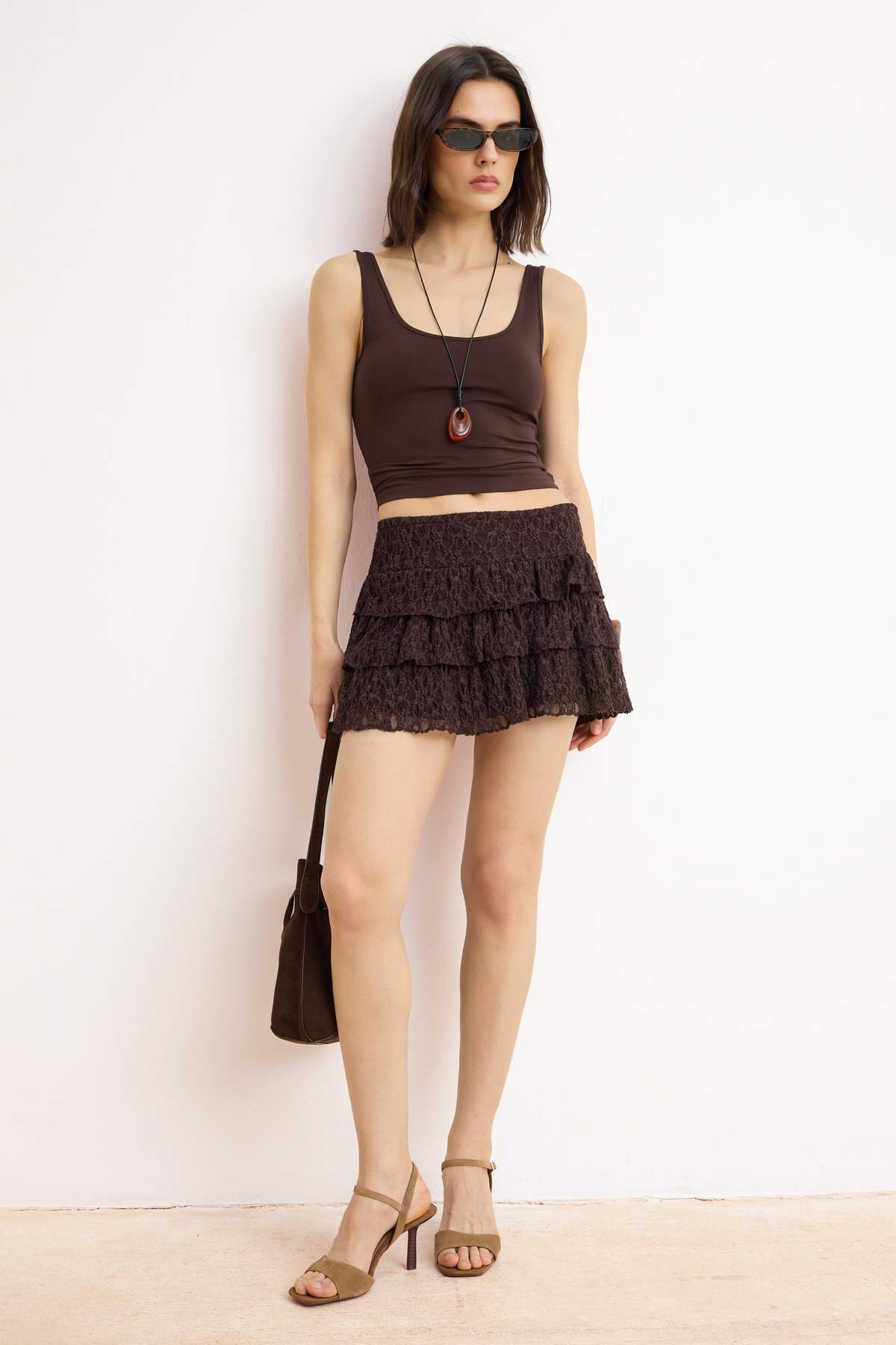 Trendyolmilla  Kahverengi Süper Mini Örme Şortlu Astarlı Dantel Party Etek TPRAW26ET00015 - Görsel 2