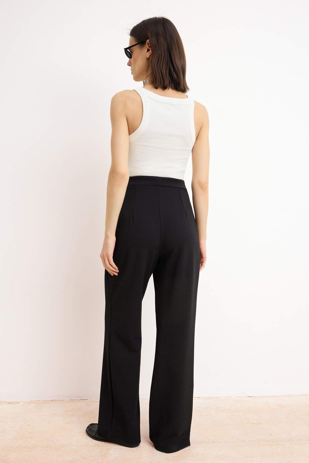 Trendyolmilla  Siyah Cırt Cırt Kapamalı Yüksek Bel Pileli Wide Leg/Geniş Kesim Örme Pantolon TWOAW24PL00177 - Görsel 4