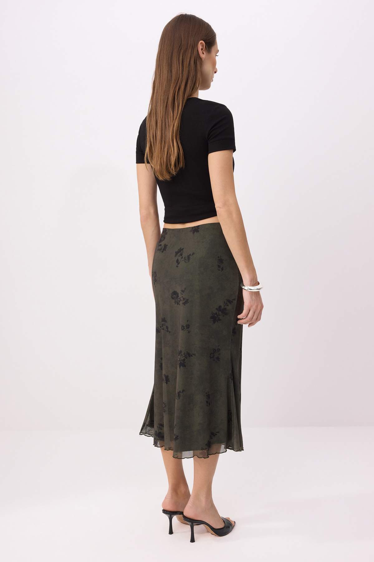 Trendyolmilla  Haki Çiçek Baskılı Bodycon Tül Esnek Örme Etek TWOAW26ET00036 - Görsel 4