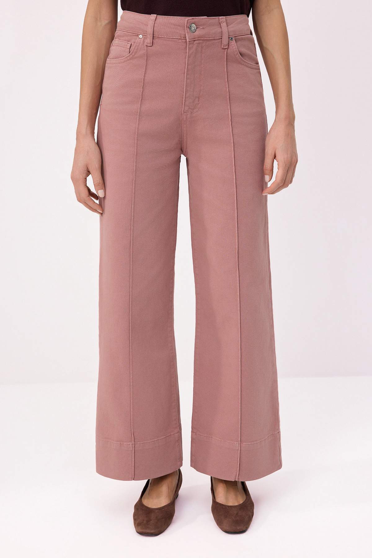 Trendyolmilla  Gül Kurusu Dikiş Detaylı Yüksek Bel Orta Esnek Wide Leg Jeans TWOSS26JE00207 - Görsel 3