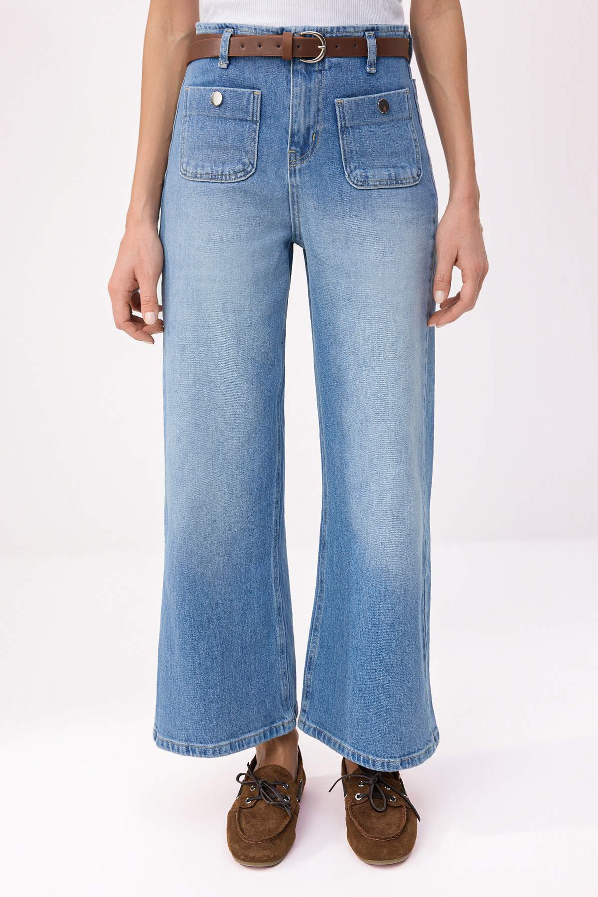 Trendyolmilla  Mavi More Sustainable Kemerli Normal Bel Az Esnek Culotte Bilek Boy Jeans TWOSS26JE00195 - Görsel 3