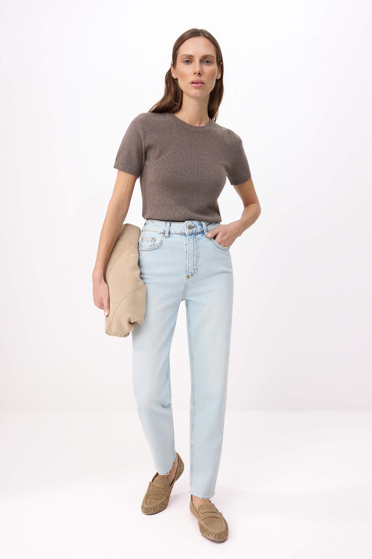 Trendyol Collection Světle modré džíny s vysokým pasem, mírně elastické, stři...