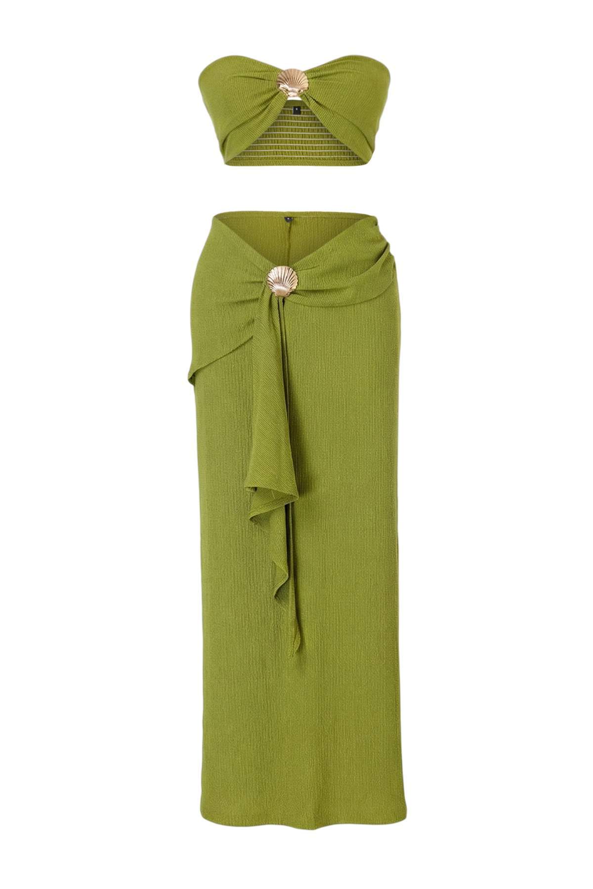 Trendyolmilla  Yağ Yeşil Örme Straplez Maxi Döküm Aksesuarlı Bürümcük Plaj Bluz Etek Takım TBESS26AU00015