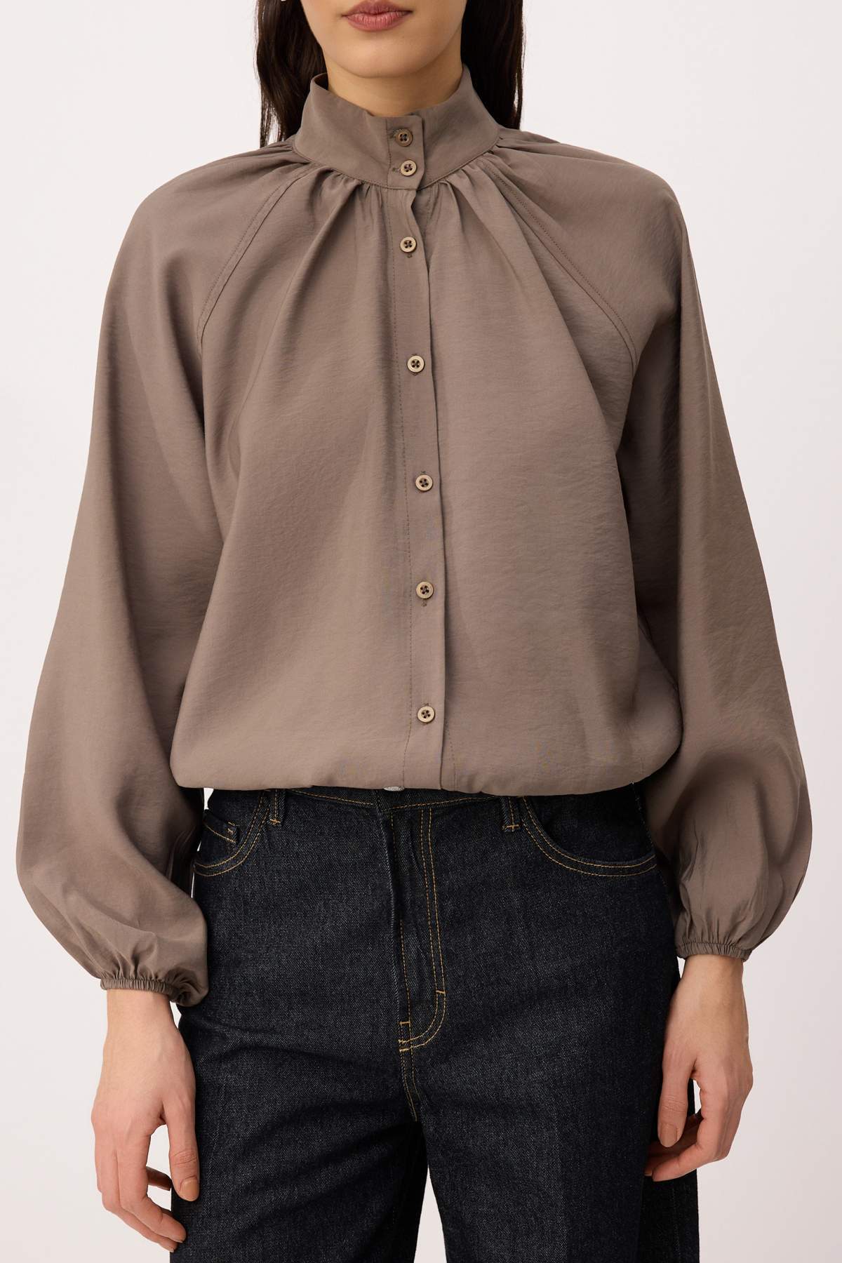 Trendyolmilla  Haki Dik Yaka Büzgülü Modal Gömlek TWOSS26GO00078 - Görsel 3
